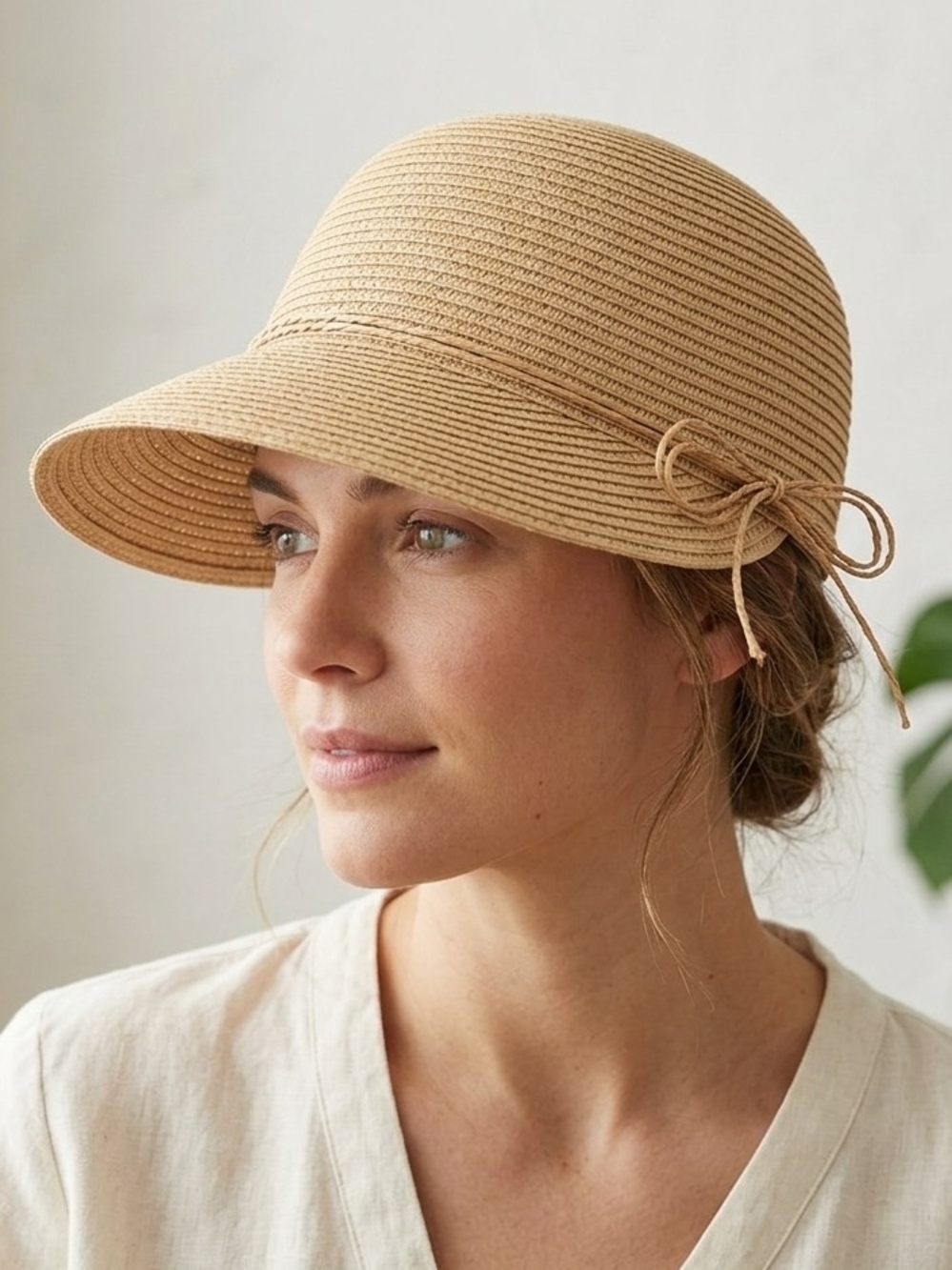 Style & Co. Women's NWT Tan Straw Visor Sun Hat with Bow- One Size